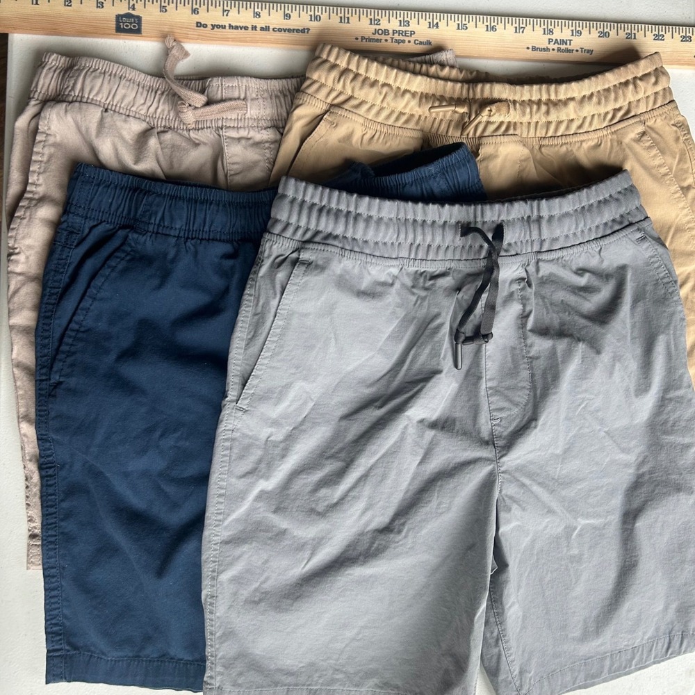 Lot 4 Pairs Boys Pull On Shorts Medium Navy Grey Khaki Tan Elastic Waist Cotton